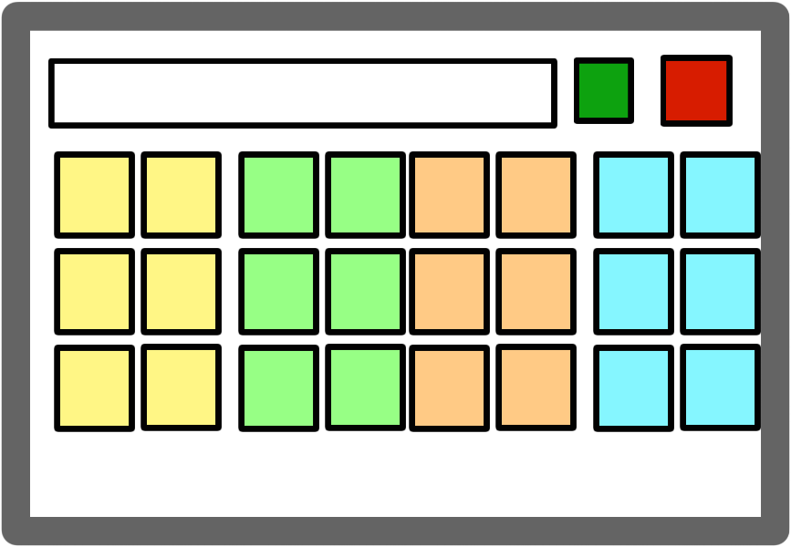 drawing of an AAC device with eight columns of three buttons. The first two columns have yellow buttons, then green, then orange, then blue.
